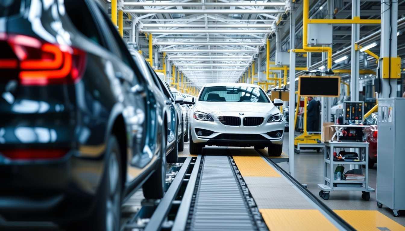 在汽車工廠的輸送線上裝配汽車。在輸送線上裝配汽車